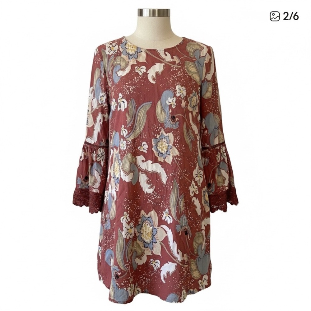 Jaase Womens Terracotta Floral Bell Sleeve Boho Shift Dress Lace Trim Size Small